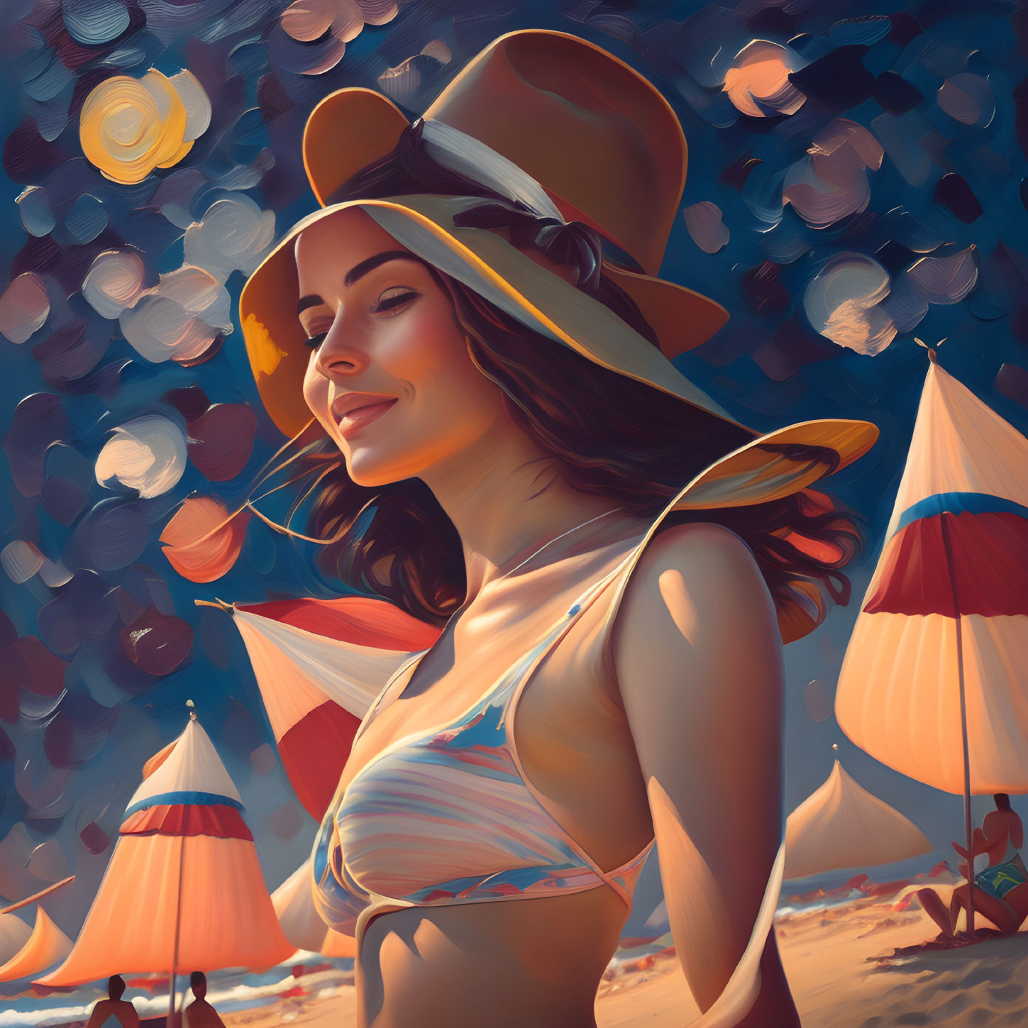 Woman in sunhat and bikini on beach with colorful umbrellas and lights.