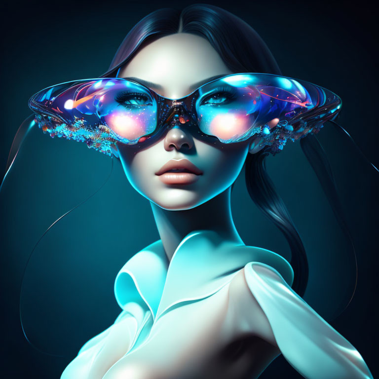 Digital artwork: Woman in cosmic-themed oversized sunglasses on dark background