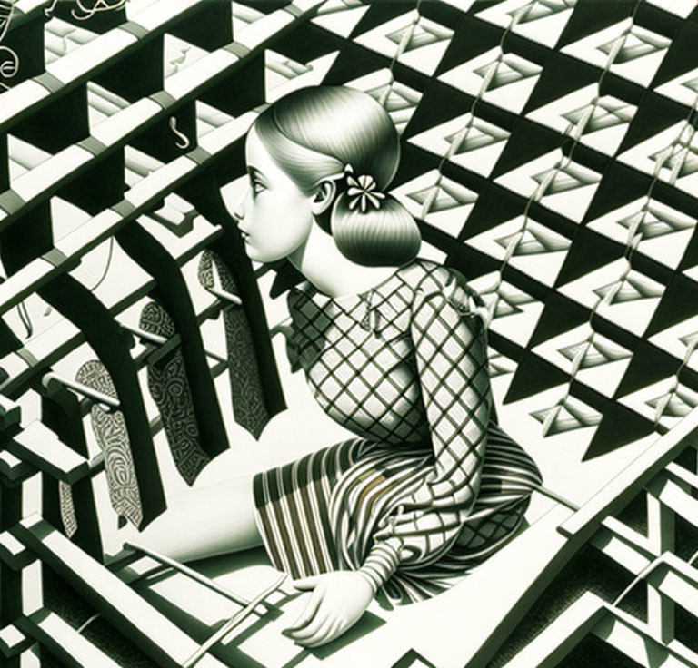 Stylized illustration of girl on checkered floor with geometric shapes