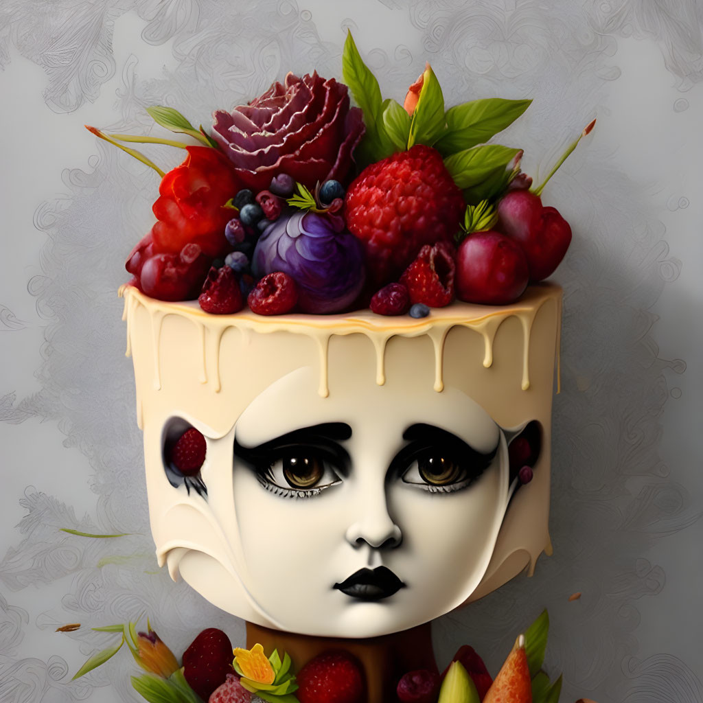 Surreal cake with human-like face, berries, and flower on grey background