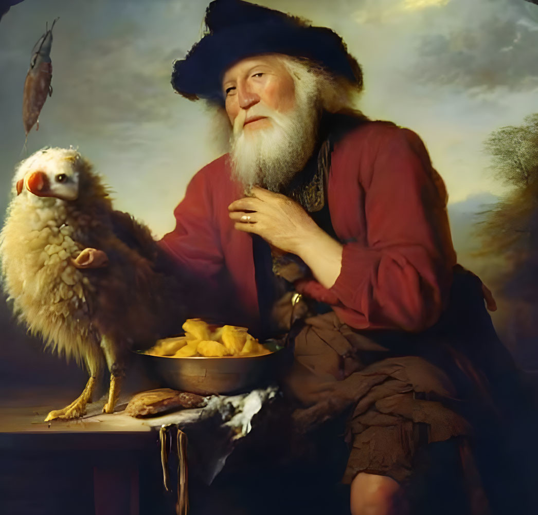 Elderly man in historical attire holding bird with chicken body and owl head beside table with bread