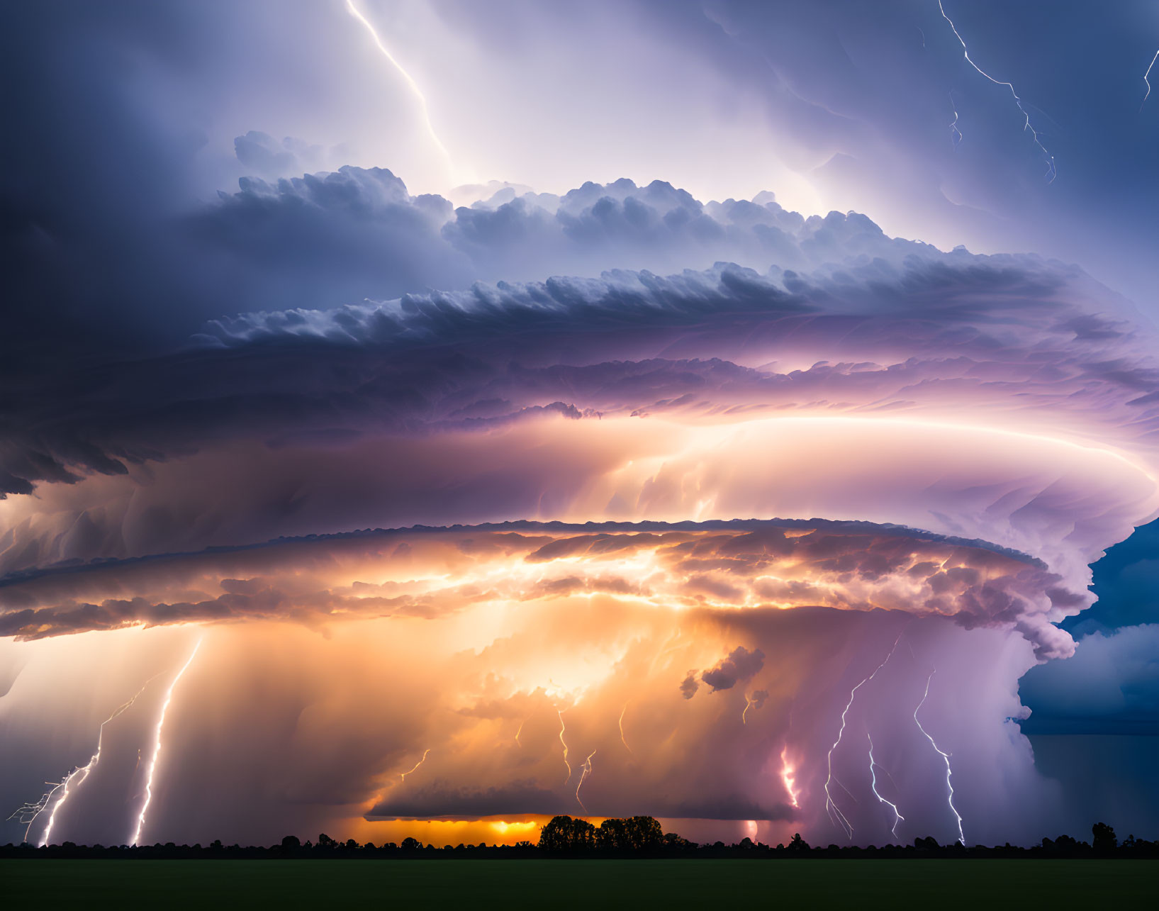 Dramatic supercell storm with vivid lightning and striking cloud formations at dusk