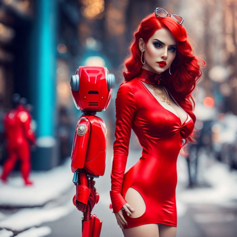 Red-haired woman in red dress with red humanoid robot on city street