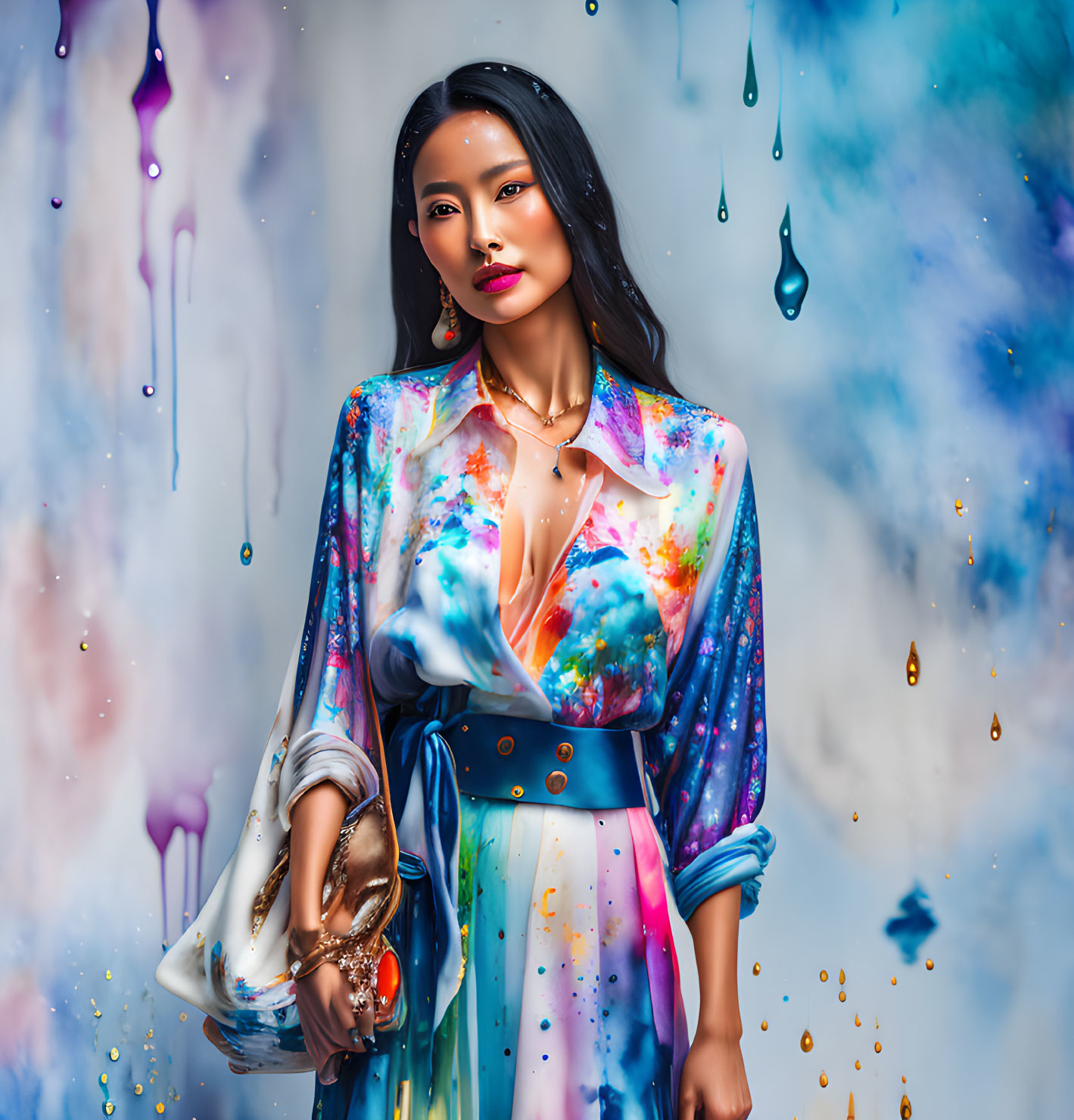 Colorful Woman in Abstract Attire Against Paint-Splattered Background