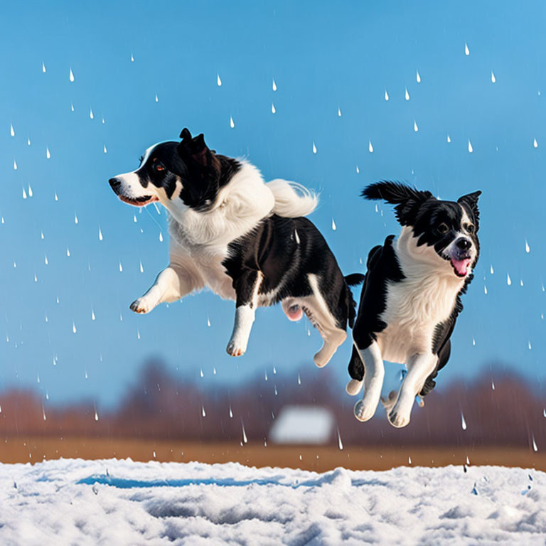 Two Border Collies playing in snow under blue sky