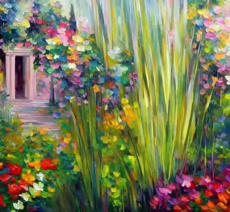 Colorful impressionistic garden painting with flowers and archway