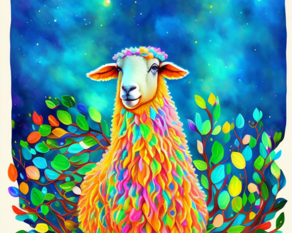 Vibrant sheep illustration with rainbow wool in cosmic setting