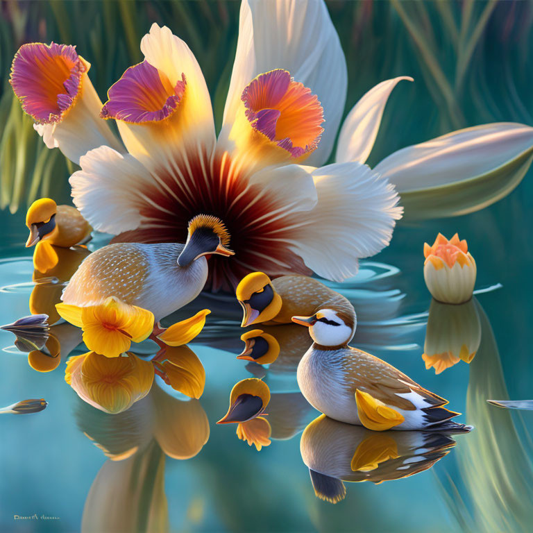 Colorful digital artwork: Small birds with flower-like plumage perched on water amidst blooming flowers