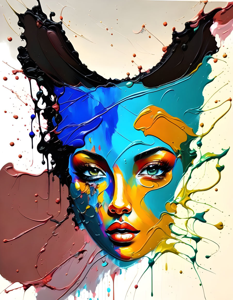 Colorful Abstract Portrait of a Woman with Blue, Yellow, and Red Paint