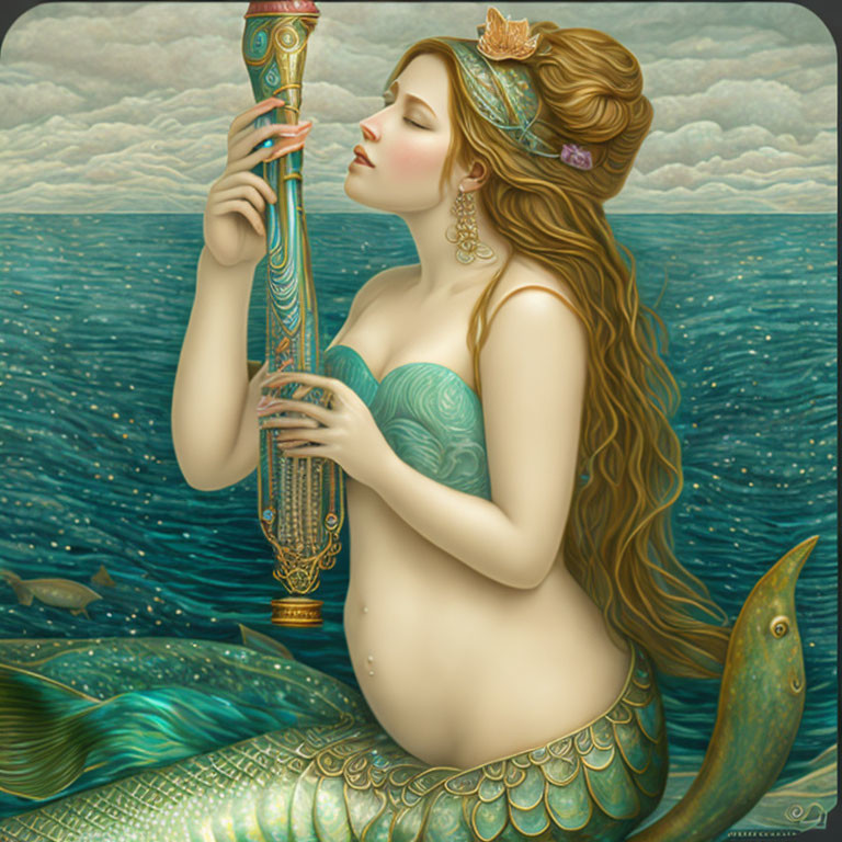 Mermaid playing flute with long hair in sea setting