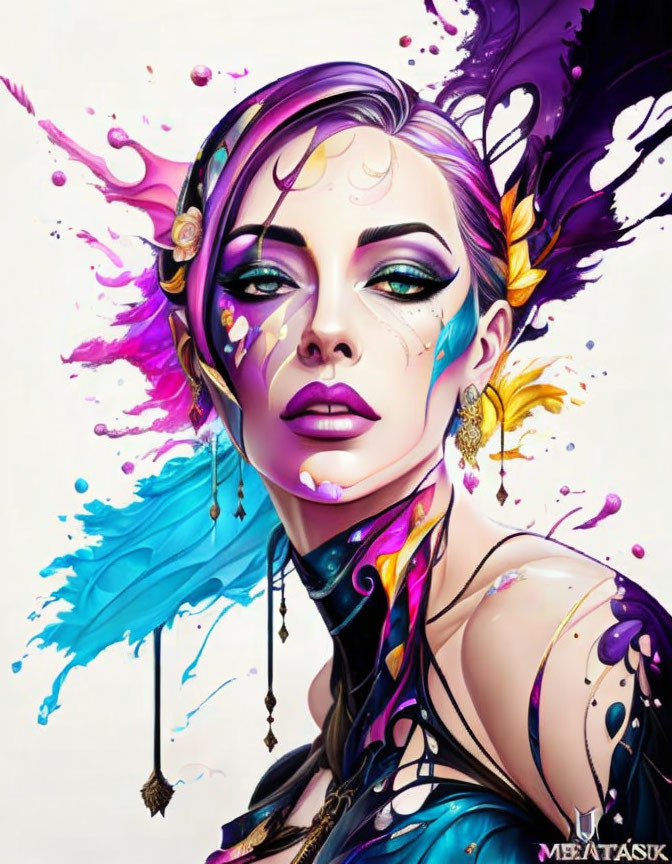 Colorful digital artwork of woman with purple-tinted skin & abstract elements