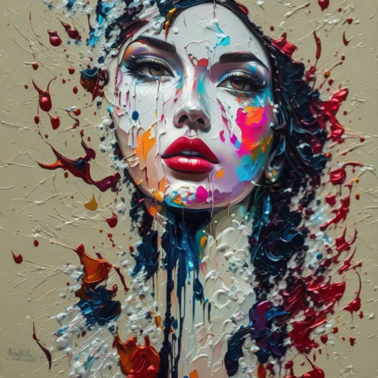 Colorful Abstract Portrait of Woman's Face with Realistic Features