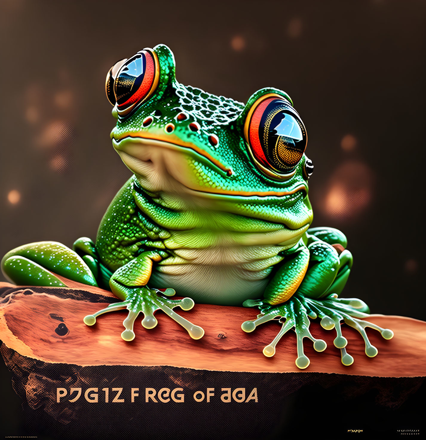 Colorful Frog on Branch with Stylized Text in Bokeh Background