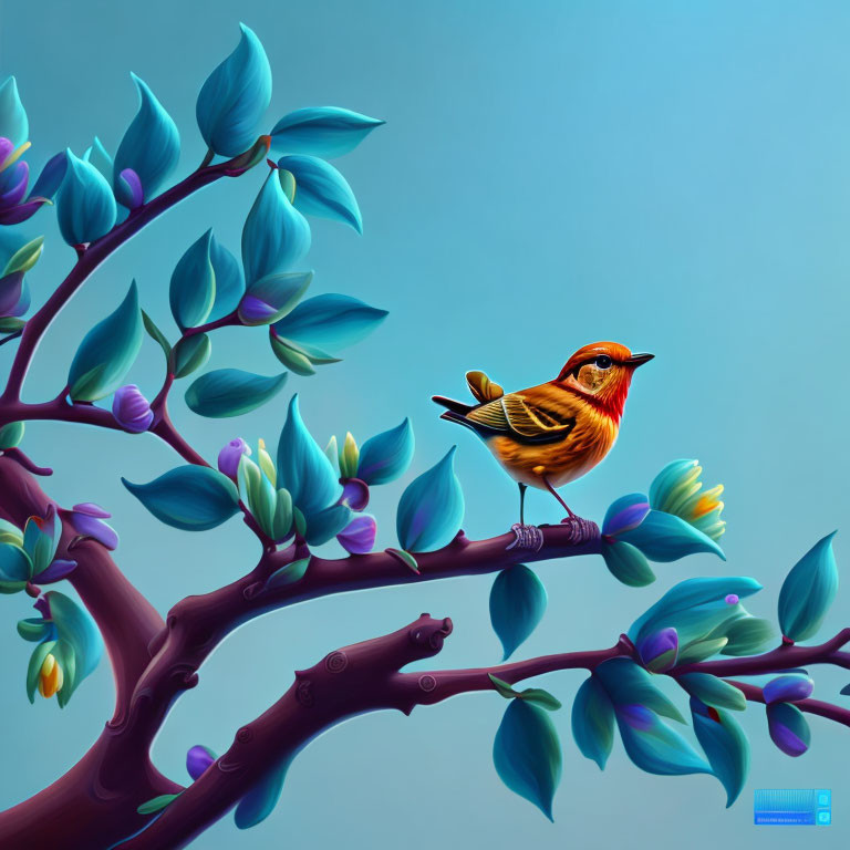 Colorful illustration of small orange bird on branch with blue leaves and blossoms against teal backdrop