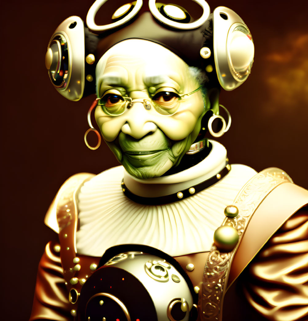 Elderly woman depicted as steampunk android with brass goggles and gear accents