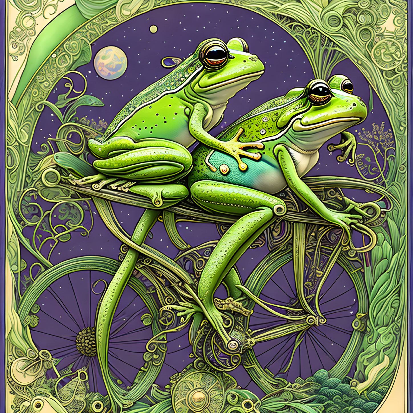 Stylized anthropomorphic frogs on whimsical bicycle with swirling patterns