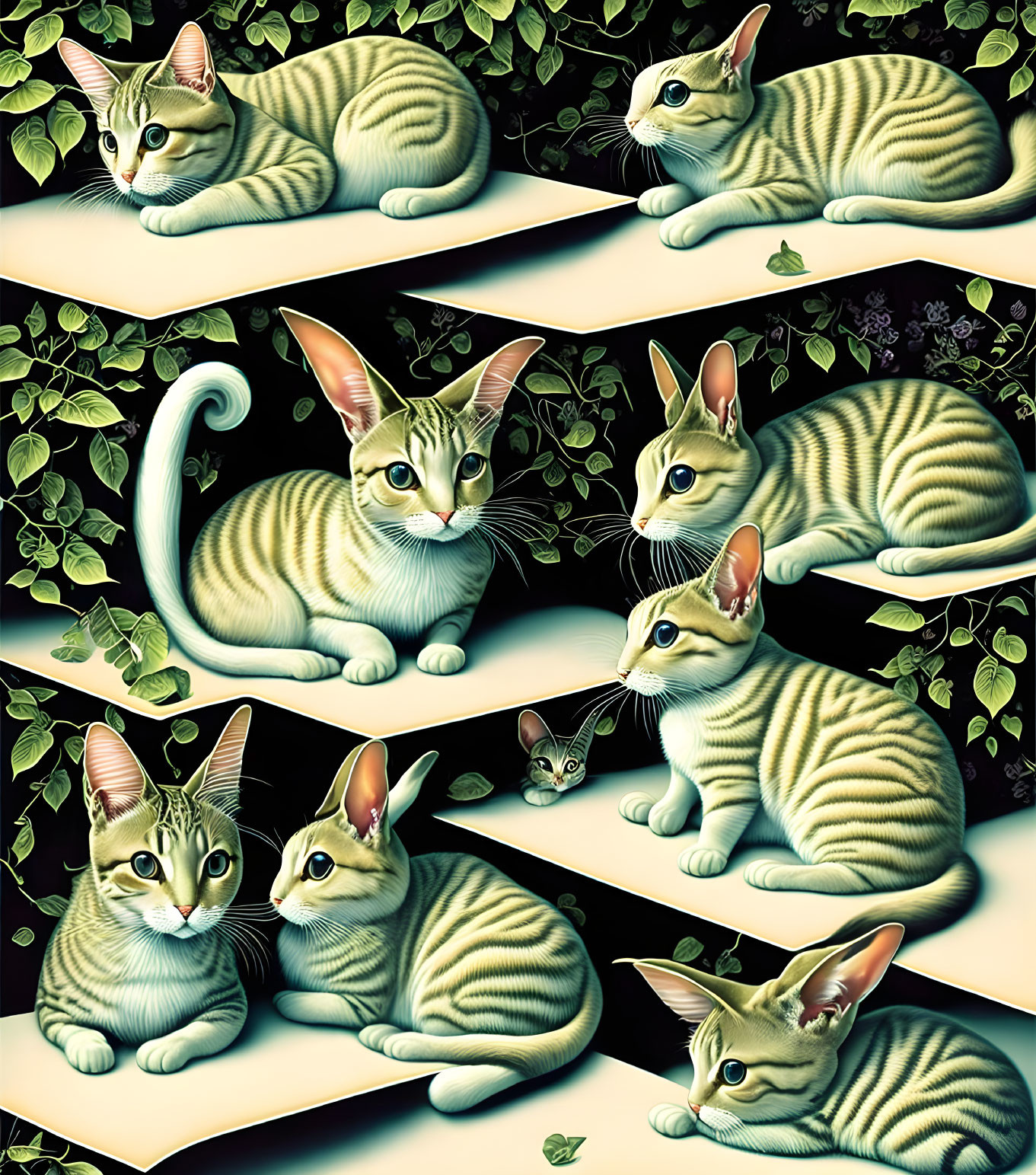 Multiple Striped Cats with Green Eyes in Ivy Setting on Dark Background