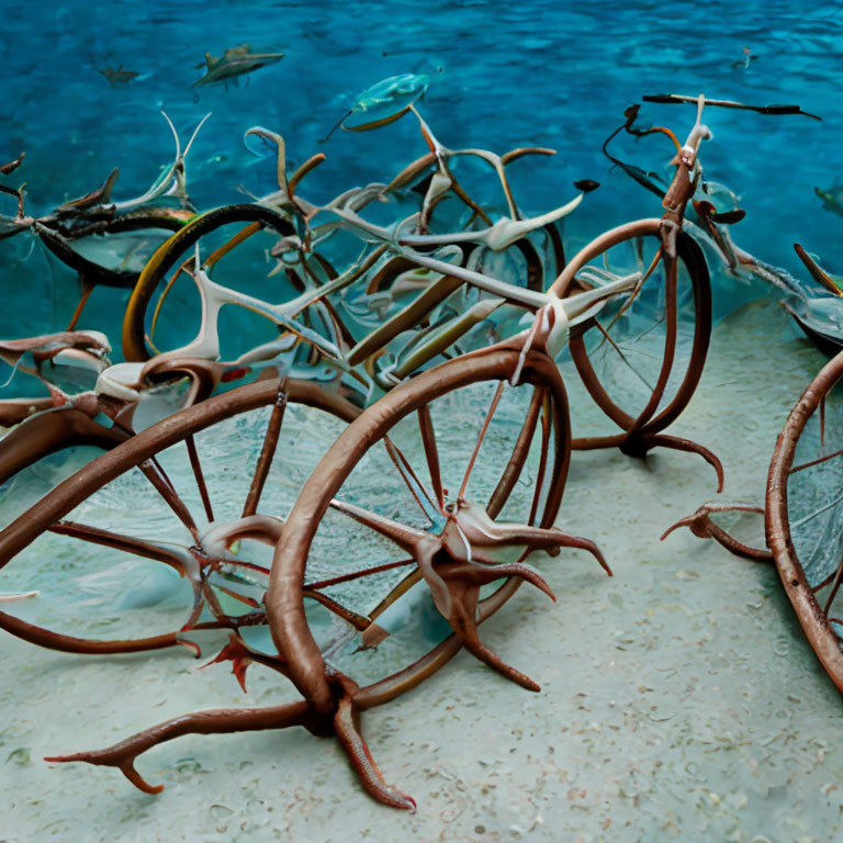 Rusty bicycles underwater with fish swimming around