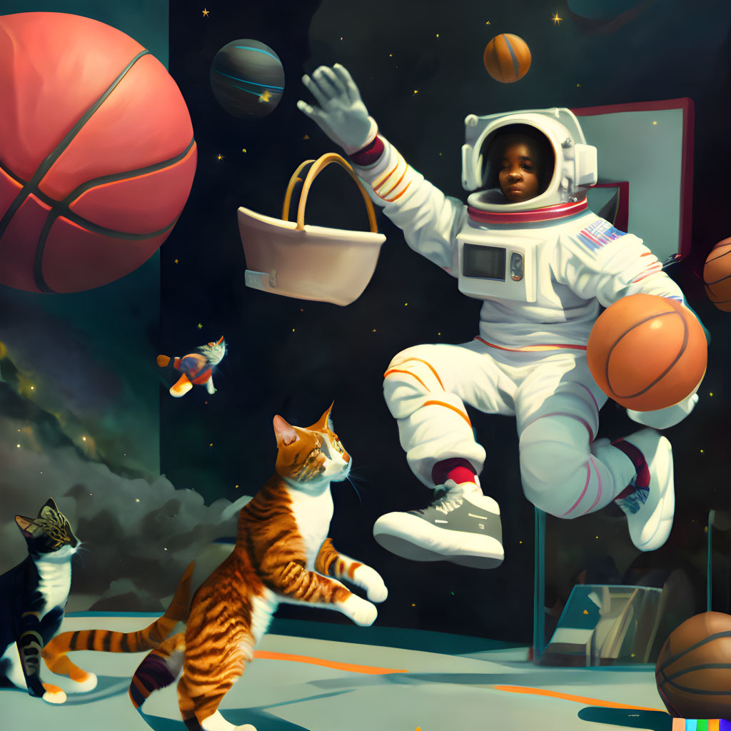 Astronaut playing basketball in space with floating cats and handbag