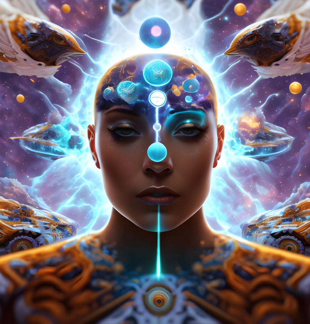 Symmetrical digital artwork of woman with cosmic elements and glowing orbs