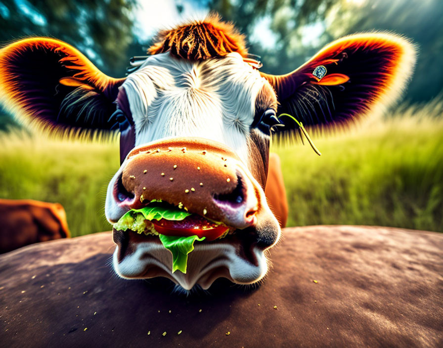 Close-up of cow with large eyes and hamburger in mouth on grassy field