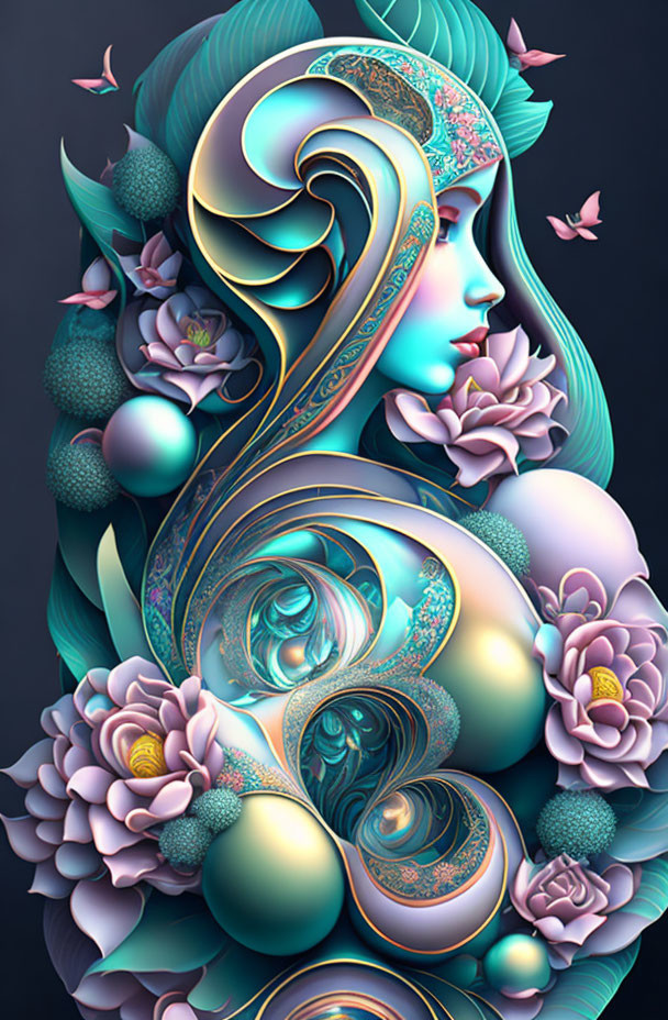 Stylized digital artwork: Woman's profile with turquoise hair, ornate patterns, pink lotus