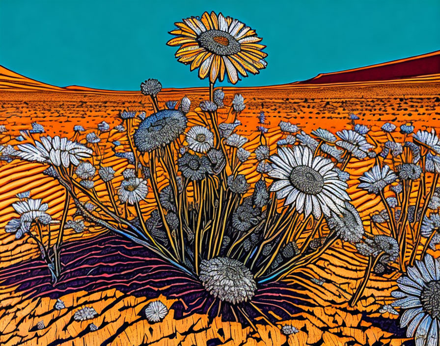 Colorful Daisy Flower Art Against Desert Landscape Backdrop