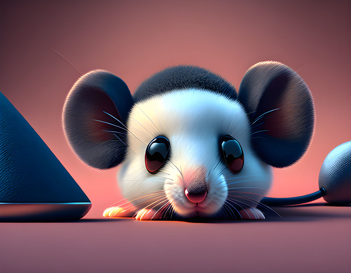 Whimsical 3D cartoon mouse with large eyes on warm background