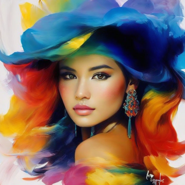 Colorful painting of a woman with flowing hair and vibrant hat in rainbow hues