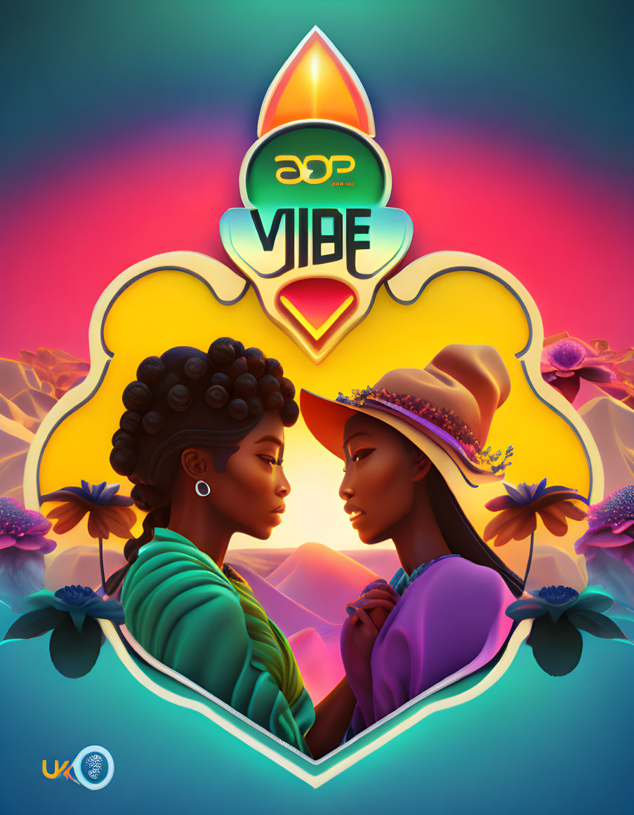 Vibrant illustration of two women with nature elements and "VIBE" logo - warm and harmon