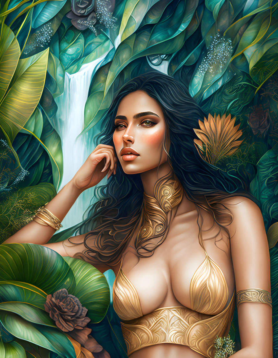 Digital artwork of woman with gold patterns in lush tropical setting