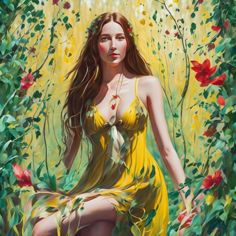 Woman in Yellow Dress Sitting in Colorful Garden