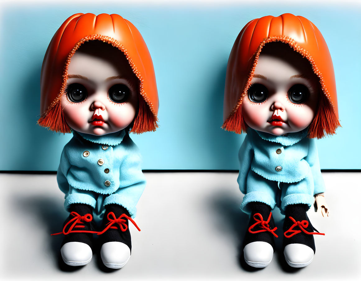 Stylized dolls with oversized heads in blue outfits