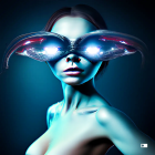 Digital artwork: Woman in cosmic-themed oversized sunglasses on dark background
