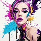 Colorful digital artwork of woman with purple-tinted skin & abstract elements