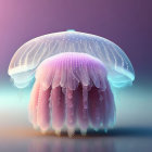 Goldfish in translucent bubble with pink sea anemone on reflective surface