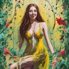 Woman in Yellow Dress Sitting in Colorful Garden