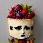 Surreal cake with human-like face, berries, and flower on grey background
