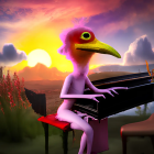 Colorful Bird Playing Grand Piano at Sunset with Hills