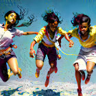 Three female characters joyfully leaping against mountainous backdrop