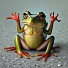 Vivid green frog with striking eyes and orange-tinted limbs on grey surface