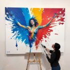 Colorful canvas featuring figure in dynamic pose surrounded by blue, red, and yellow paint splashes