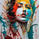 Colorful Abstract Portrait of Woman with Expressive Paint Splashes