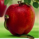 Large Red Apple with Glossy Surface and Three Realistic Snakes Entwined