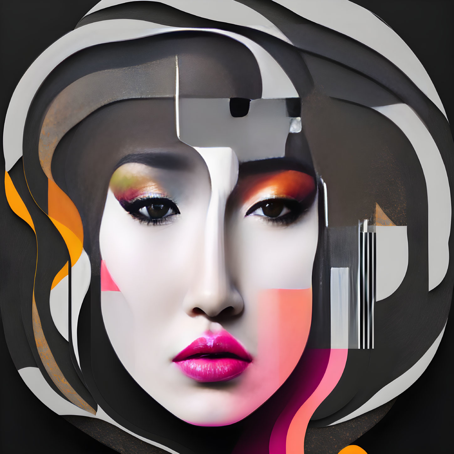 Monochrome and Orange Geometric Abstract Woman's Face Art