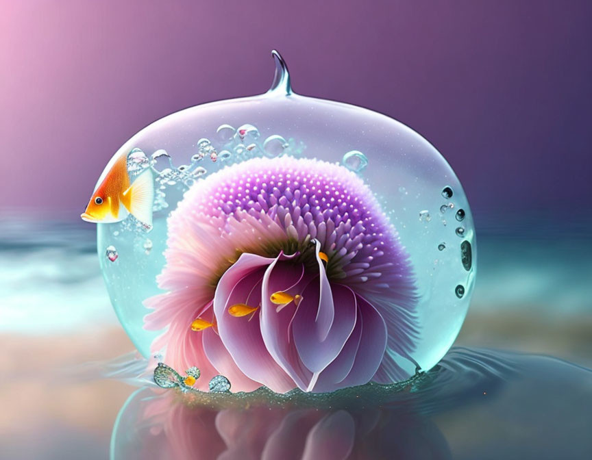 Goldfish in translucent bubble with pink sea anemone on reflective surface