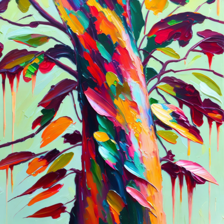 Colorful Abstract Painting of Vibrant Tree with Textured Paint