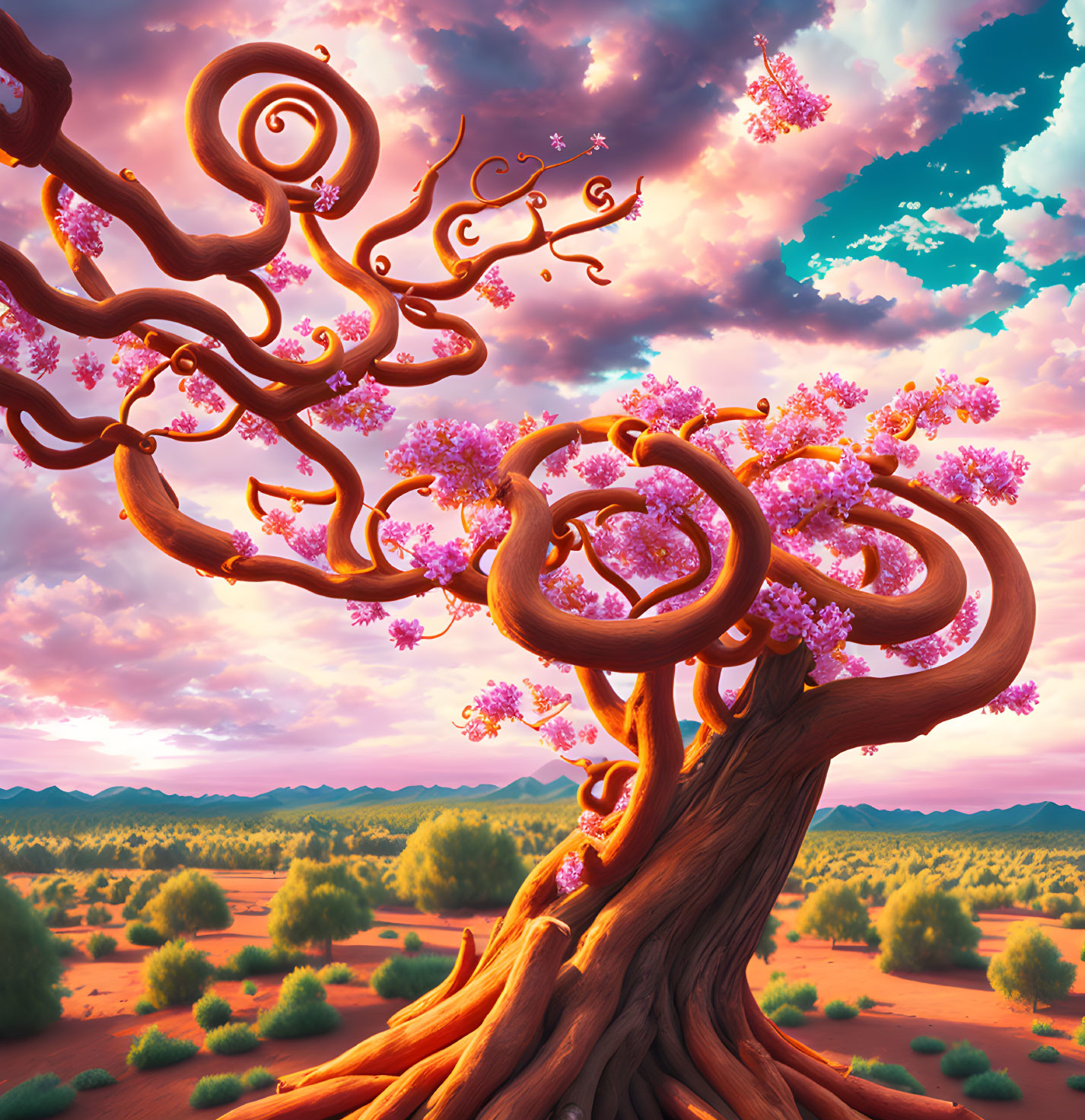 Vibrant twisted tree with pink blossoms in surreal desert landscape