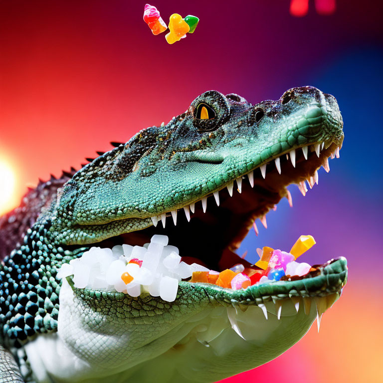 Colorful gummy candies in toy crocodile's open mouth on vibrant background