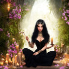 Dark-haired woman in black attire surrounded by candles and purple flowers in mystical setting